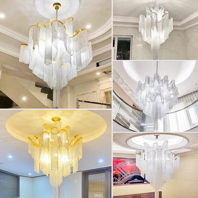 Upside Down Interiors Aluminium Chain Chandelier Fringed Pendant Lamp Luxury