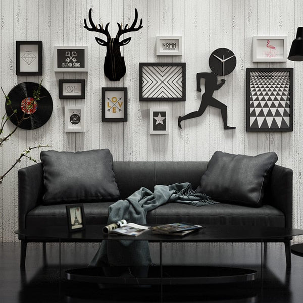 Upside Down Interiors 13 Pcs/Set Photo Wall Picture Frames Minimalism Black White Board Running Man Clock Antler Deer Head