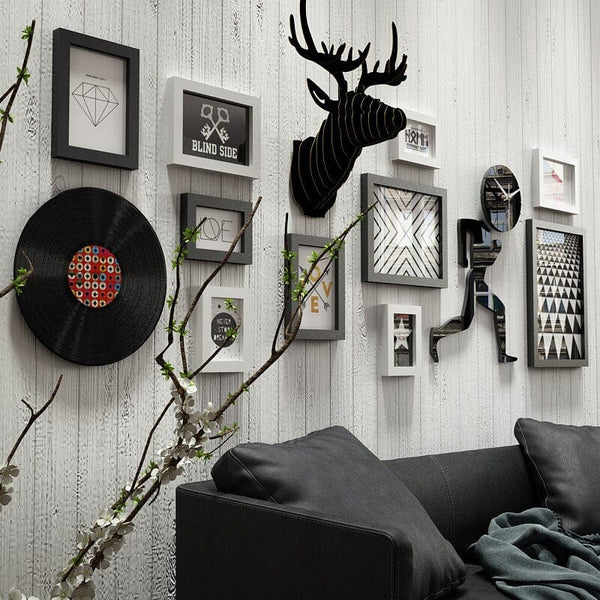 Upside Down Interiors 13 Pcs/Set Photo Wall Picture Frames Minimalism Black White Board Running Man Clock Antler Deer Head