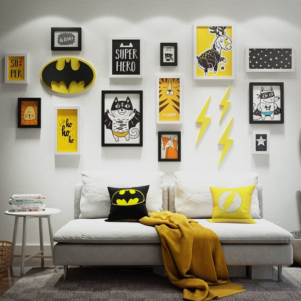 Upside Down Interiors 17 Pcs/Set Cartoon Batman Photo Wall Picture Frame Set Bright Yellow Lighting