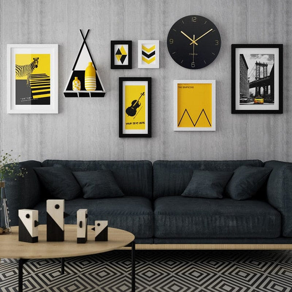 Upside Down Interiors 8 Pcs/Sets Wood Picture Photo Frames with Wall Clock Home Decor Modern