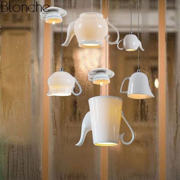 Upside Down Interiors Modern Ceramic Led Pendant Tea Cup Teapot Hanging Light