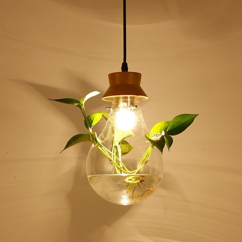 Upside Down Interiors Modern Plant Pendant Light Wood Glass Bottle