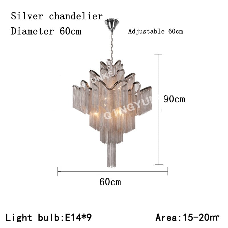 Upside Down Interiors Silver Dia60cm Aluminium Chain Chandelier Fringed Pendant Lamp Luxury